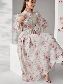 Modelyn 女士花卉印花前扣腰带长袖上衣和半裙两件套，优雅女装 - 彩色 - 查看 4