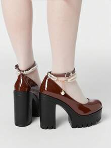ROMWE Kawaii 女士时尚优雅厚底高跟鞋，朋克哥特风仿珍珠金属链条弹力扣踝带装饰，加厚防水鞋底，适合派对、节日、夜店、通勤等场合，Y2K 2000年代风格 - 摩卡棕 - 查看 2