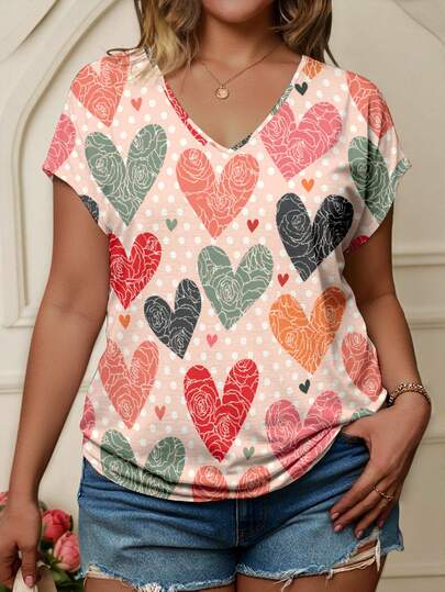 EMERY ROSE Camiseta de mujer talla grande con cuello en V, mangas con volantes y estampado de corazón, top casual romántico