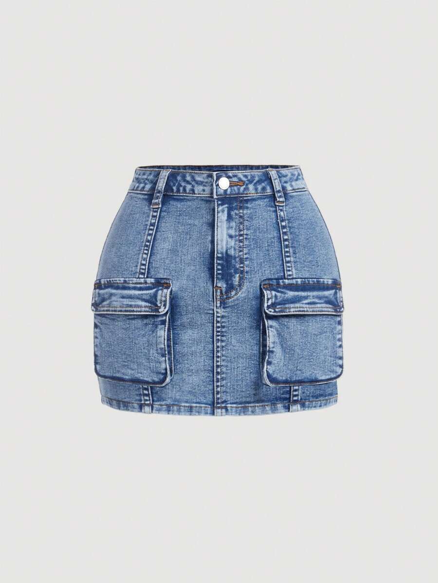 SHEIN Girlism Teen Girl Flap Pocket Denim Skirt - Light Wash - View 1