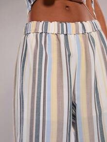 SHEIN BAE Quần ống rộng cạp chun kẻ sọc nhiều màu sắc bằng vải lanh/Quần hè/Quần thường ngày/Quần kẻ sọc, Xuân/Hè, Phong cách Riviera, Quần đi biển, Kỳ nghỉ Ý, Quần vải lanh - Nhiều màu - Xem 7