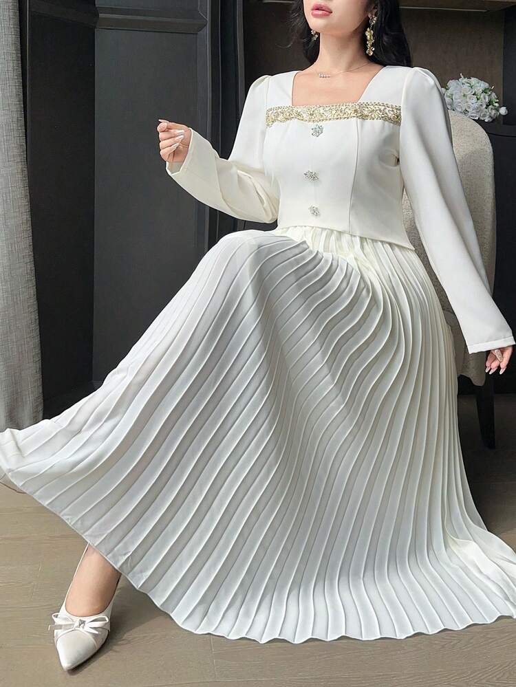 Dazy Plus Elegant Rhinestone Square Collar Pleated Midi Dress With Puff Sleeves, Suitable For Spring, Summer, Autumn, Party & Date, Plus Size Sun Dresses For Women