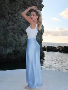 Turnttoni 女士缎面及地美人鱼半身裙，百搭日常装，蓝色 - 淺藍色 - 查看 2