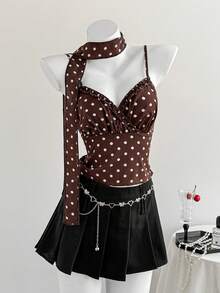 Elamini 2pcs Brown Polka Dot V-Neck Ruffle Hem Cinched Waist Fitted Camisole With Tie Strap For Women, Spring/Summer , Fashion, Commute, Vacation, Retro, Elegant, Sweet, Cute, Date, Minimalist, Versatile - Brown - View 3