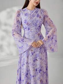 Veilorie Summer Ditsy Floral Waist Ruched Long Flare Sleeve Arabic Style Dress For Women - Purple - View 5