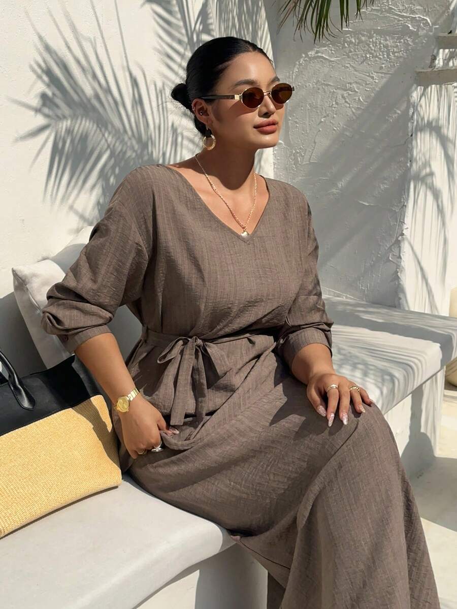 Dazy Plus Plus Size Women's V-Neck Belted Top And Skirt 2 Pieces Set, Casual Vacation, Spring/Autumn Summer Lounge Sets For Women - Brown - View 1
