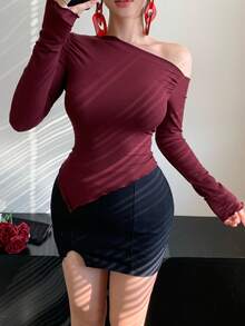 Camiseta de manga larga con hombro asimétrico, volantes y fruncido para mujer - Rojo - Ver 6