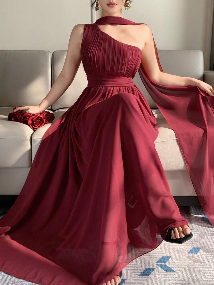 Women's Elegant Long Dress With Ruffle Asymmetrical Shoulder Asymmetric Hem, Red Ribbon Tie, Summer Sundress