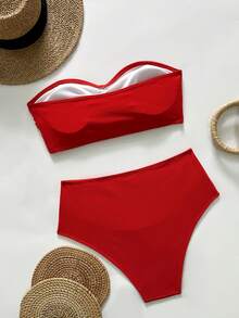 Swim Basics Women's Solid Color 3D Floral Decor Bikini Set - Red - View 2