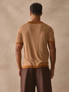 Musero Slim Fit Short Sleeve Slight V Neck Open Collar Top Striped Branded Emblem Shirt Spring Summer Essentials - Multicolor - View 4