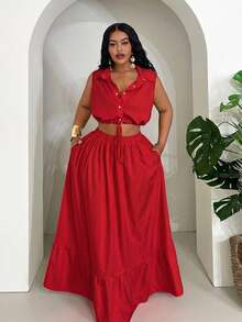 Slaydiva 2025 New Plus Size Women 2-Piece Set: Cropped Tank Top & A-Line Skirt, Commuter Outfit, Summer Outfits Red Two Pieces Women's Two Pieces Set Long Skirt Set Skirt And Top Set Red Casual Outfit - Red - View 5