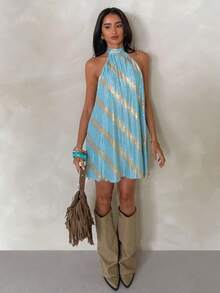 Glamine Shiny Crinkle Textured Fabric Sexy Backless Vacation Style Dress For Women - Multicolor - View 4