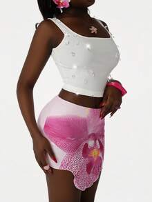 Amplova Women's Asymmetric Floral Skirt, Sexy Design Suitable For Spring And Picnics Spring Women Rave Skirt 2000s Women Y2k Crop Top Y2k Skirt Baby Phat - Pink - View 4