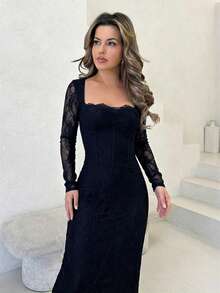 Jemour Vestido Maxi Negro Ajustado con Cuello Cuadrado, Mangas Largas, Encaje, Copas de Pecho con Ballenas en Forma de S, Sexy para Fiesta de Verano, Cita Nocturna, Invitada de Boda, Vestido Elegante para Mujer, Vestido de Año Nuevo, Vestido de Fiesta Elegante, para Mujeres Petite - Azul Marino - Ver 6