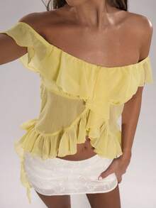 SHEIN BAE 女士不对称荷叶边露肩长袖衬衫，浪漫黄色无袖衬衫，适合春夏、度假、情人节、甜美、通勤、公主风、生日、伴娘等场合穿着的迷你连衣裙 - 黃色 - 查看 7
