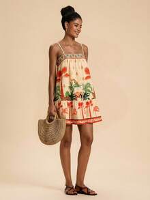 Travachic Vestido corto de tirantes plisado con estampado de loro y elefante para uso casual, vacaciones y uso diario de mujer - Multicolor - Ver 5