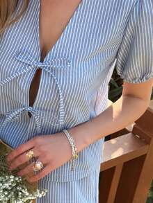 Livesso 两件套女士系带条纹上衣和休闲短裤套装 - 藍色 - 查看 7