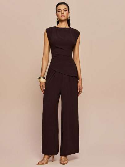 Olia Maree Olia Maree 2件套 女士纯色纹理褶皱圆领无袖上衣