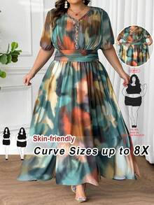 SHEIN CURVE+ 大码V领扎染图案优雅浪漫收腰A字型长裙 - 彩色 - 查看 12