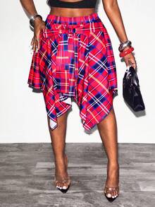 Glyssa Women's Casual Vintage Red & Black Plaid Lace-Up Asymmetrical Hem Fitted Skirt, Spring/Summer - Multicolor - View 1