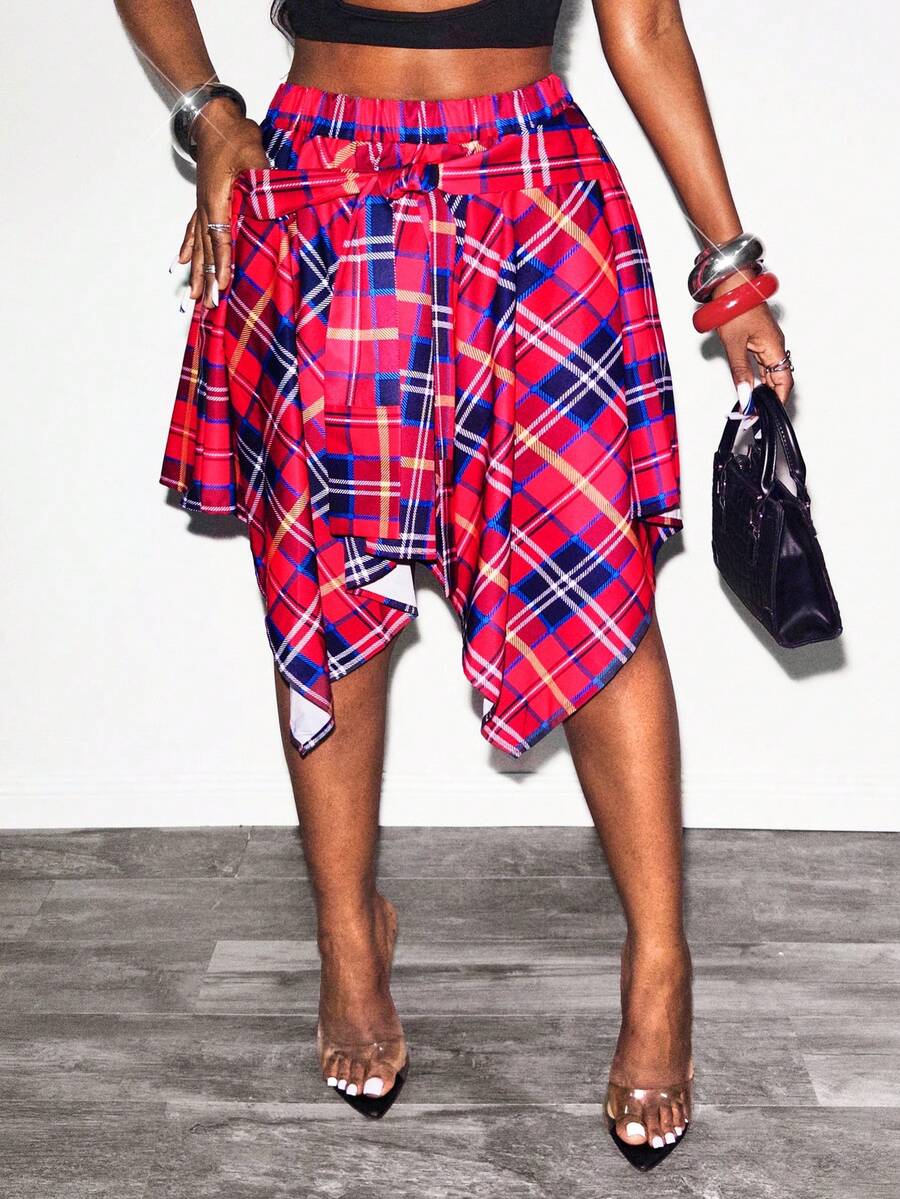 Glyssa Women's Casual Vintage Red & Black Plaid Lace-Up Asymmetrical Hem Fitted Skirt, Spring/Summer - Multicolor - View 1