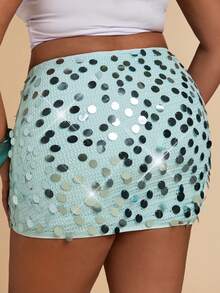 SHEIN BAE Chân váy cỡ lớn dành cho nữ, màu xanh lam, đính sequin, kiểu dáng ghép mảnh, có dây rút ở eo, thích hợp cho các dịp lễ hội. - Màu xanh lam - Xem 3