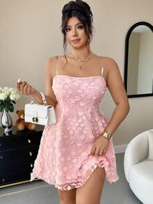 Elenzga Elegantes kurzes Kleid in Große Größen für Damen, mit gewebter Stickerei, Mesh-Lagen und Blumenmuster, Pink - Pink - Übersicht 12