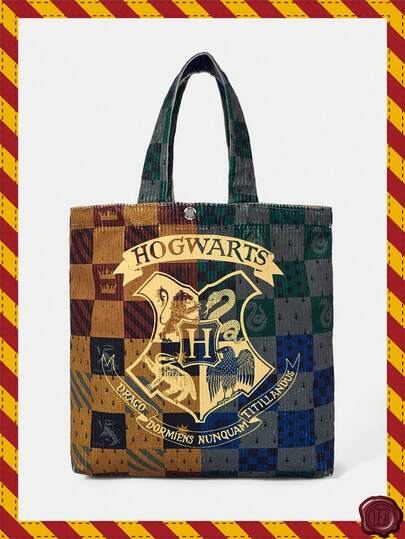 HARRY POTTER X SHEIN 1 件装，四种大学设计图案，大容量印花灯芯绒手提袋。