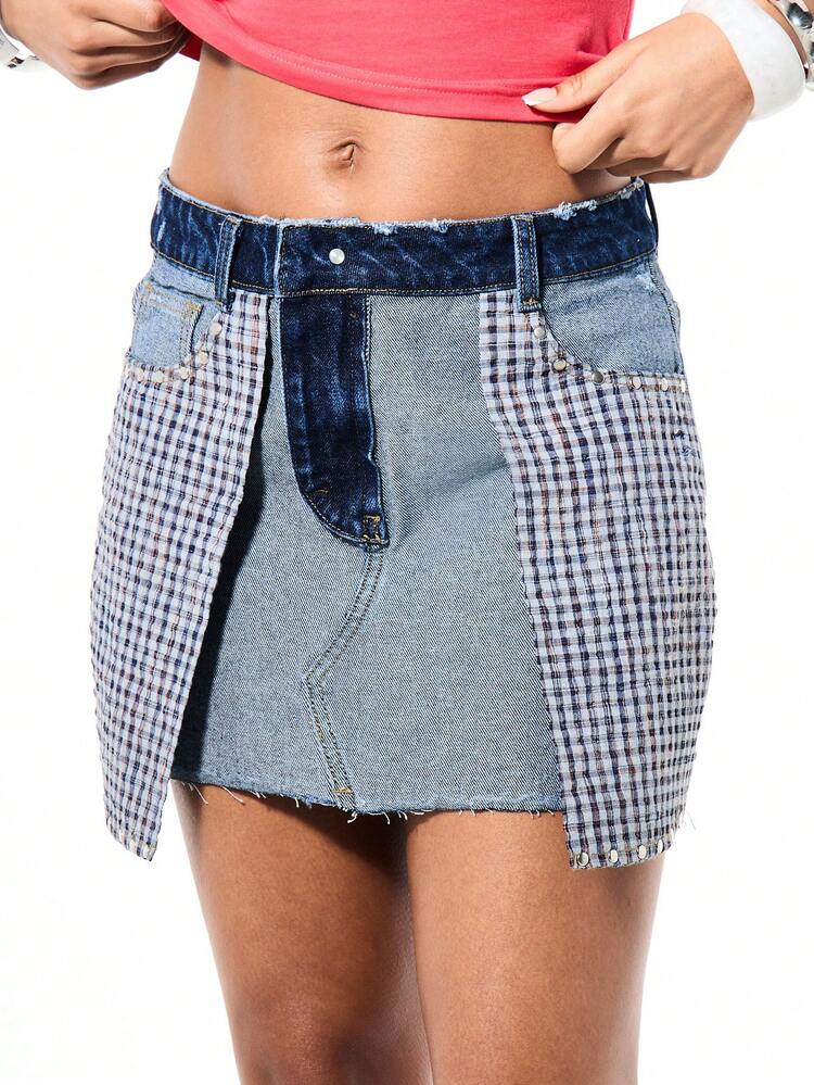 SUMWON WOMEN Patchwork Denim Mini Skirt With Check Panels