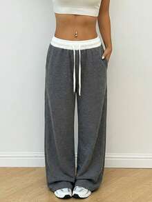 Dewbera Yoga Casual Loose Contrast Color Drawstring Waist Wide Leg Sweatpants - Dark Grey - View 6
