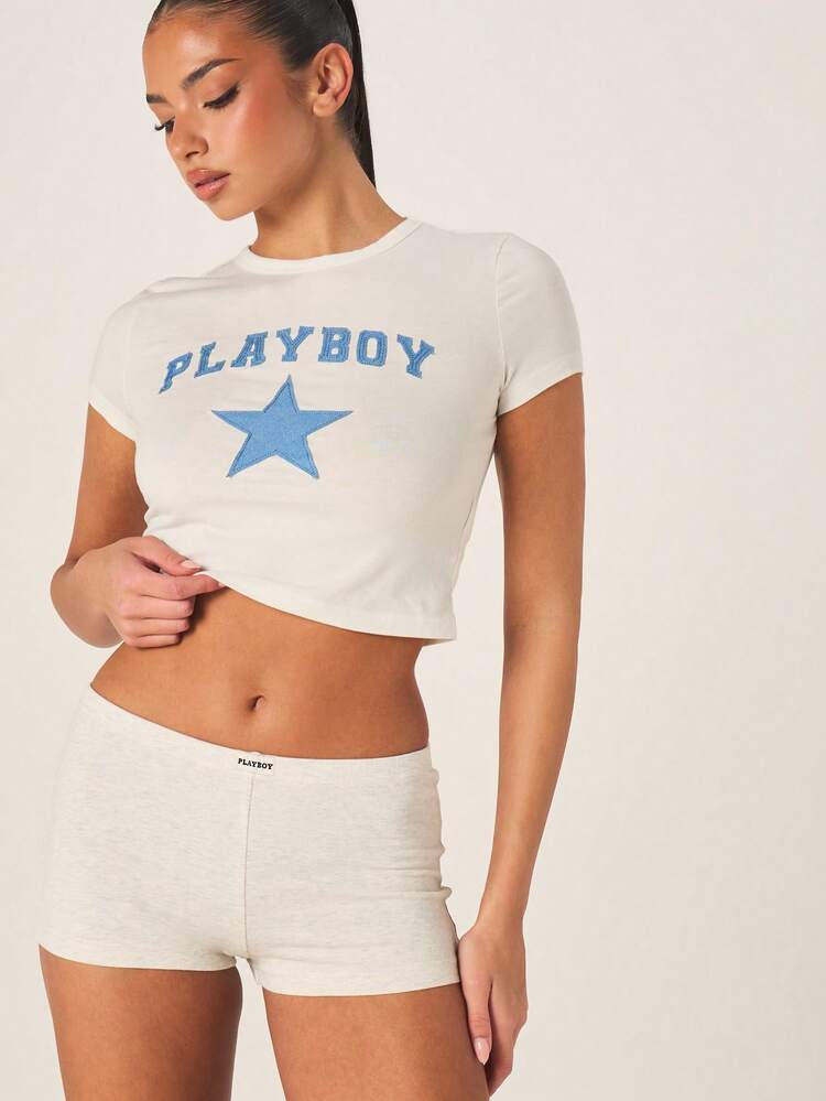 Missguided x Playboy Women Cream Graphic Crop T-Shirt Short Sleeve Star Logo Print Fitted Tee Casual Summer Top