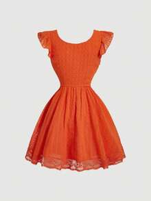 SHEIN MOD Đầm ngắn tay ngắn cổ vuông màu trơn, viền bèo nhún, buộc dây dành cho nữ, thích hợp cho mùa hè. - trái cam - Xem 5