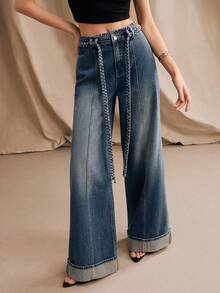 Anewsta Fashionable Woven Belt Rolled Hem Straight Leg Jeans - Blue - View 1