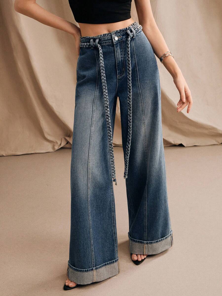 Anewsta Fashionable Woven Belt Rolled Hem Straight Leg Jeans - Blue - View 1