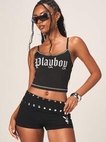 Missguided x Playboy 金属色包缝吊带背心，印花和铆钉细节设计，适合夏季节日穿着 - 黑色 - 查看 1