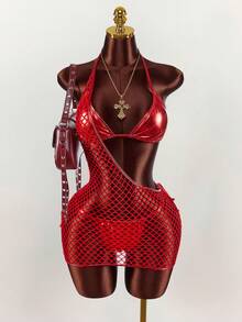 Amplova Women's Swimwear Set,Shiny Bikini With Mesh Cover-Up,Red,Summer,Beach Party,Rave,Avant-Garde Bathing Suit For Holiday,Music Festival Outfits - Red - View 3