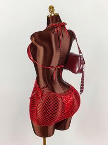Amplova Women's Swimwear Set,Shiny Bikini With Mesh Cover-Up,Red,Summer,Beach Party,Rave,Avant-Garde Bathing Suit For Holiday,Music Festival Outfits - Red - View 7