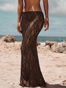Opulessa Casual Solid Color Knit Lace Low Waist Fitted Mermaid Skirt - Coffee Brown - View 4
