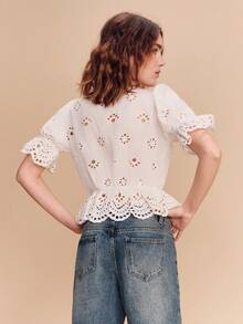 lacRébo Broidery Anglaise White Tie Front Cotton Blouse With Puff Sleeves And Scallop Hem Detail Boho Spring Summer Vacation French Style Parisian Style Spring Summer Cotton Top - White - View 2