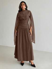 Aloruh Váy chữ A dài tối giản, cổ thuyền, không tay, xếp ly, ruy băng nâu cao cấp - màu nâu - Xem 8