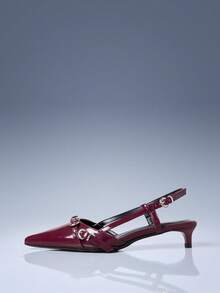 CUCCOO GRLICON 酒红色漆皮尖头后跟镂空金属环扣小猫跟女鞋 - 酒紅色 - 查看 2