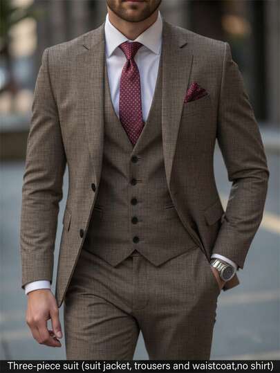 Manfinity Bizformal Men's Suits Gentleman Simple Slim Fit Single Breasted Business 3 Pieces Suit For Men Blazer Vest Pants Set Wedding Party Holiday Travel Champagne Color Men Suits Slim Fit Men 2 Piece Set Jacket Suit For Men Men 3 Piece Suit Brown Suit Men,Weekend Trips, Outdoor Activities, Travel Expeditions, Relaxed Work Environments Or Semi-Formal Occasions, Boyfriend/Husband Gift, Anniversary /Birthday Gift Party Summer Vacation Holiday New Years Wedding Valentine's Day Men 2 Piece Set Lapel Men Khaki Suit Beige Suit For Men