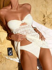 Bellisia Traje de baño de mujer con falda, de tela especial floral beige, para vacaciones y playa, primavera/verano 2022 - Beis - Ver 8