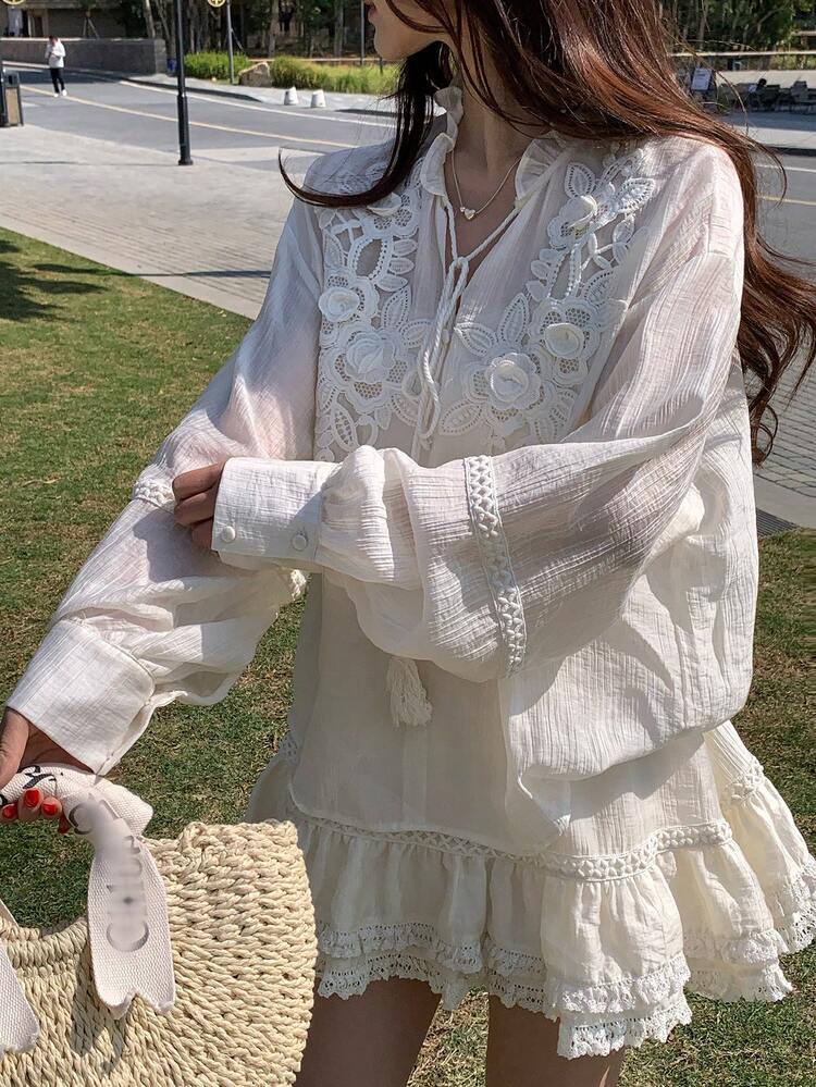 Women's Lace Patchwork V-Neck 2 Pieces Set, Korean Style Fresh