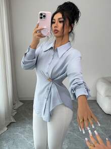 Modelyn Áo sơ mi dài tay nữ màu trơn, cài cúc phía trước, xếp ly, kiểu dáng thường ngày. - Màu xanh lam - Xem 8