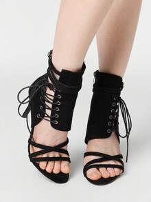 ROMWE Goth Ladies High Heel Sandals Dark Rock Punk Shoes Summer Open Toe Cross Strap Dress Boots Pointed Stiletto Commuter Work Shoes Mesh Sexy Party Shoes - Black cloth - View 1