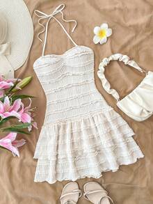 Kids Summer Tween Girls Sleeveless Textured Solid Color Spaghetti Strap Backless Layered Ruffle Hem Mini Dress,White Cute - White - View 1
