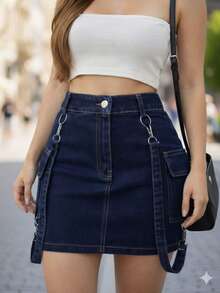 Falda de Mezclilla Tipo Cargo con Short Incluido y Cintas Laterales Removibles.  Mezclilla Elástica. - Azul Marino - Ver 1
