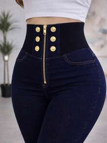 Pantalón de Mezctilla Tipo Costillero Ajustado.  Stretch.  Mezclilla Suave y Elástica - Azul Marino - Ver 2