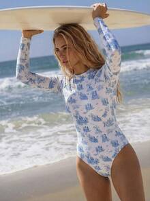 Swim SPRTY Damen Langarm Rashguard mit Allover-Muster - Blau-Weiß - Übersicht 2